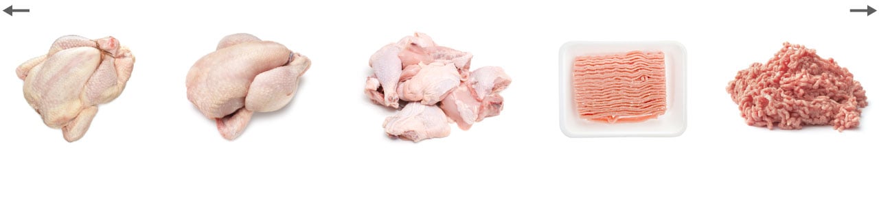 Range of different types of poultry from less salmonella on average to more salmonella on average: whole turkey, whole chicken, chicken parts, ground turkey, ground chicken.